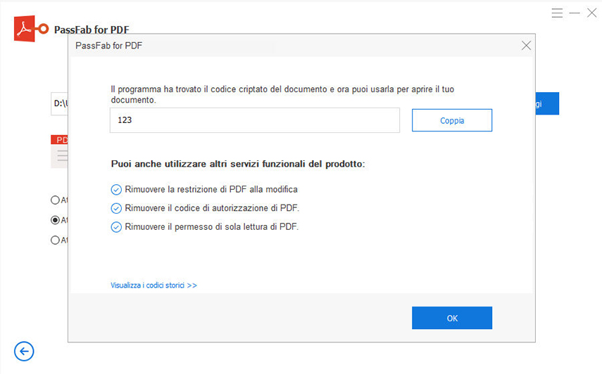 Sbloccare PDF online con PassFab per PDF. Password recuperata.