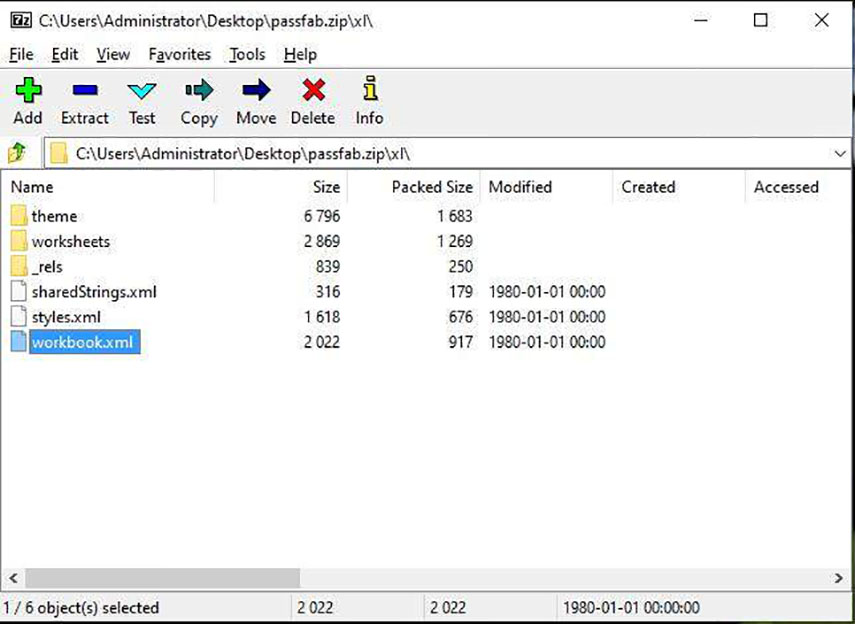 Rimuovere protezione foglio Excel con PassFab For Excel. Apri file workbook.xml.