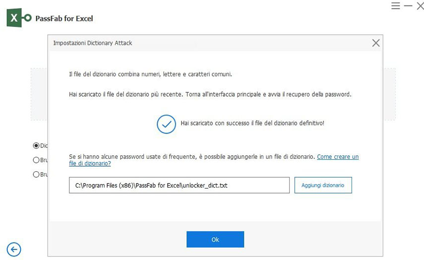 Rimuovere password Excel. Dizionario scaricato