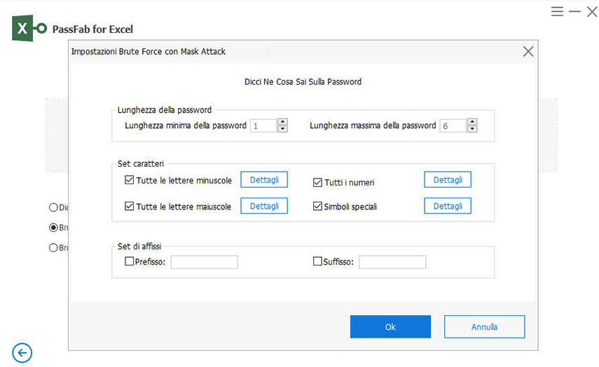 Rimuovere protezione foglio Excel con PassFab For Excel. Aggiungere le impostazioni per l’attacco forza bruta con maschera