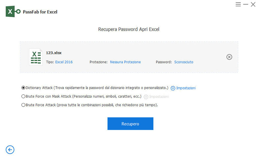 Rimuovere protezione foglio Excel con PassFab per Excel. Scegliere metodo di recupero.