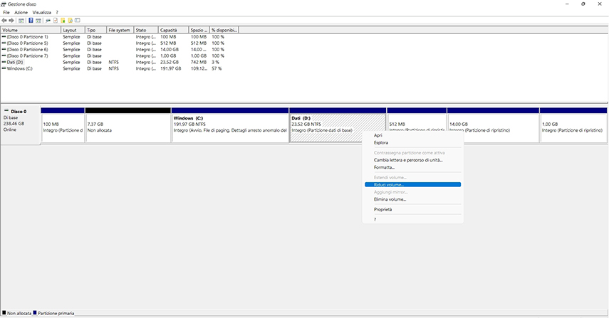 Come gestire Partizione. Seleziona l’azione con il tasto destro.