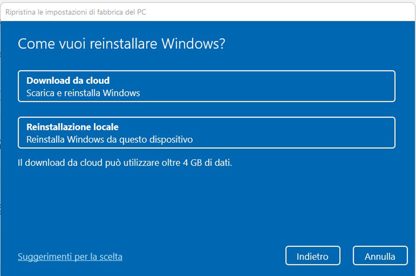 Ripristinare Windows 11. Scegli come installare Windows.