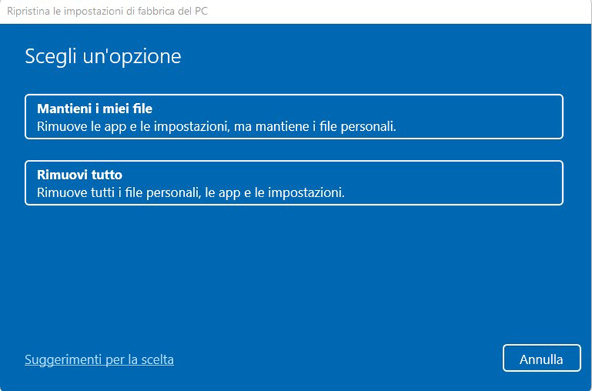 Ripristinare Windows 11. Seleziona una opzione.