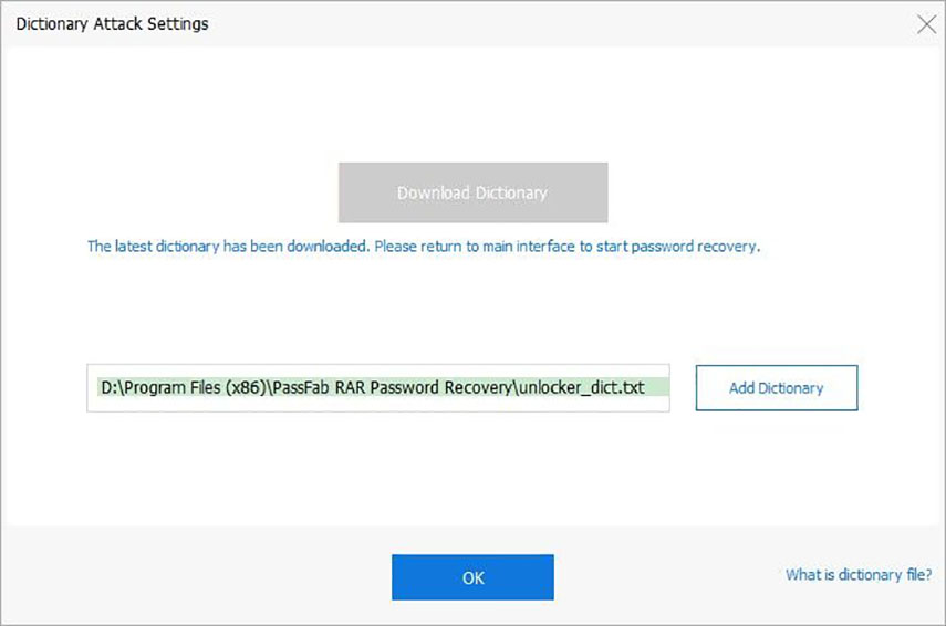 Aprire file RAR online con PassFab For PDF. Impostazioni attacco dizionario