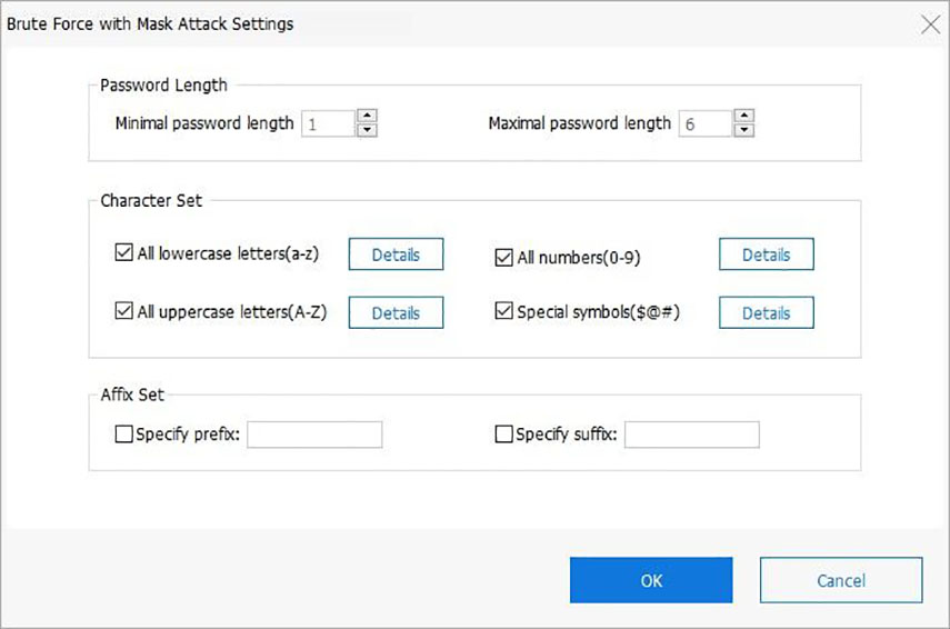 Aprire file RAR online con PassFab For PDF. Impostazioni attacco forza bruta con maschera.