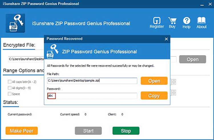  iSunshare ZIP Password Genius. Software recupero password zip