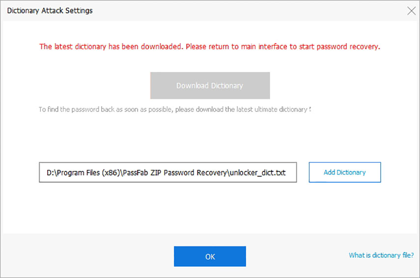 Zip password cracker con PassFab For ZIP. Avvia attacco dizionario