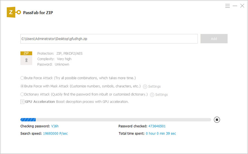 Zip password cracker con PassFab For ZIP. Avvio analisi password perse