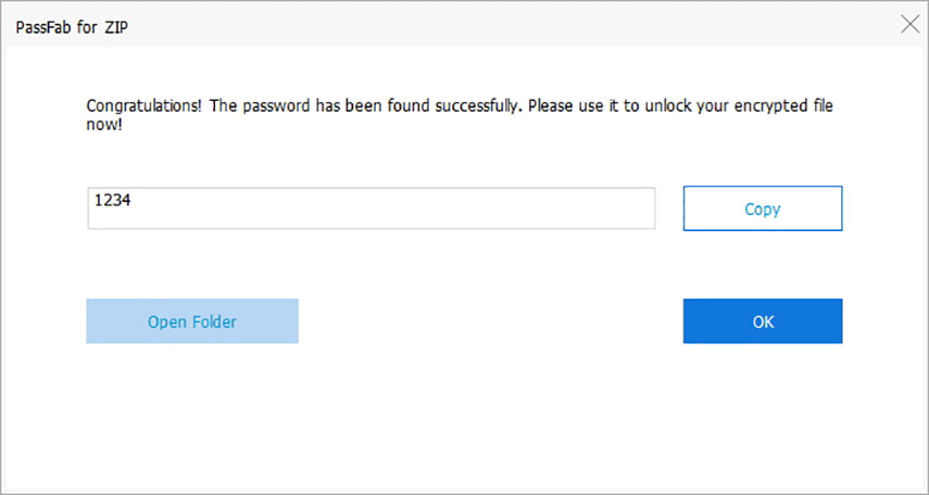 Zip password cracker con PassFab For ZIP. Password recuperata con successo